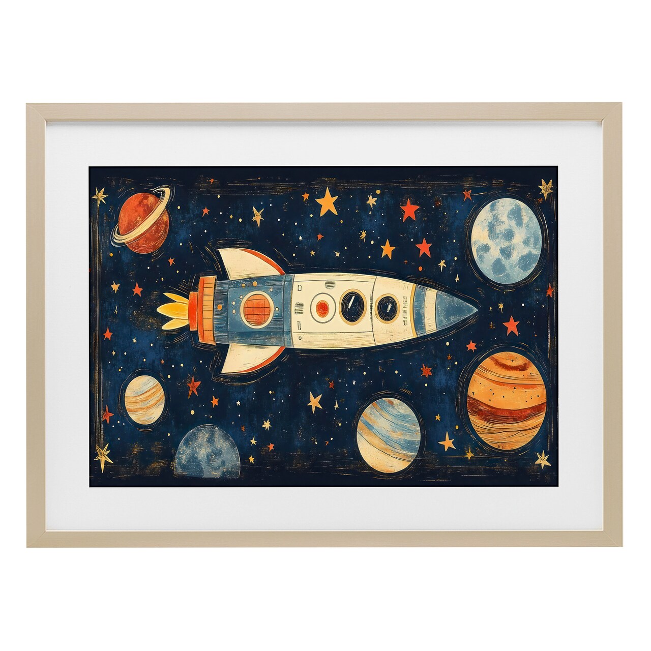Stupell Industries Retro Rocket & Planets Framed Print Under Glass, design by Creative Studio